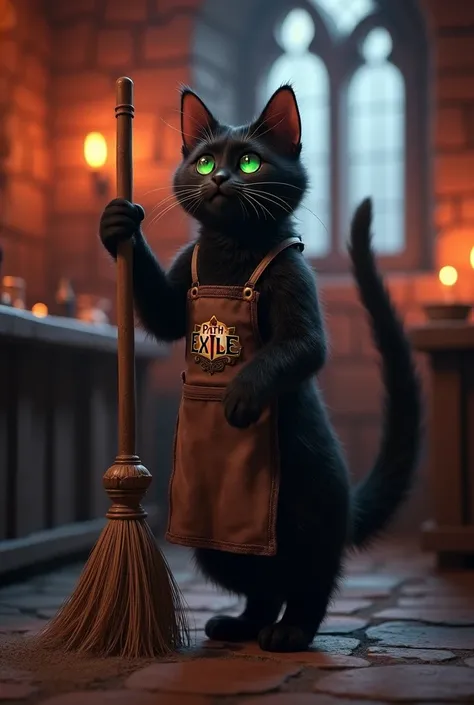 /imagine prompt: Black cat standing on hind legs in a dark fantasy tavern, wearing an apron with Path of Exile logo, sweeping dust with a broom. Hyper-detailed fur, glowing green eyes, dynamic pose, stone walls with torches, dramatic lighting, dark red-bla...