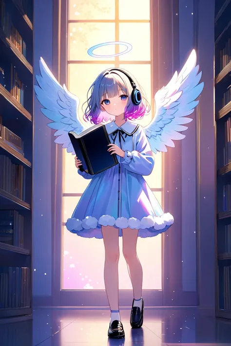 (masterpiece)), ((best quality)), (ultra-detailed), detailed)), 4K, (8K), best quality, (beautiful),(kawaii,cute:1.3), metal color, colorful, a girl,solo, angel wing,(halo:1.3), tiny,full body,toe,beautiful light,expressionless,half closed eyes, jitome,gra...