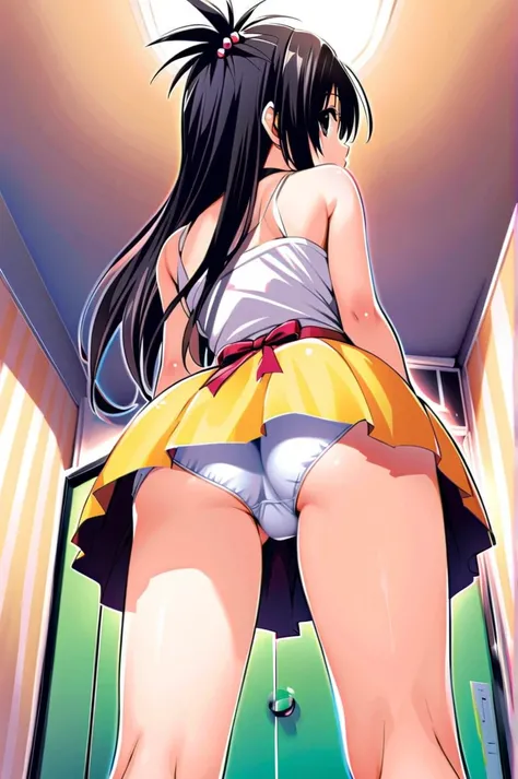 solo, apron, yuuki mikan, black hair, black eyes, mini skirt, long hair, smile, spiked hair, bare shoulders, standing, from behind, from below, panty shot, white panties, pov