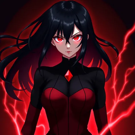 Image is a digital illustration in an anime style, featuring a female character with striking features. She has long, flowing black hair and intense crimson eyes that glow with a supernatural light. Her skin is pale, contrasting sharply with the dark and c...