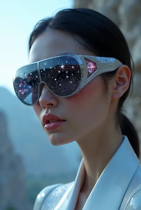 The model is wearing glass sunglasses with stars and the moon on the glass