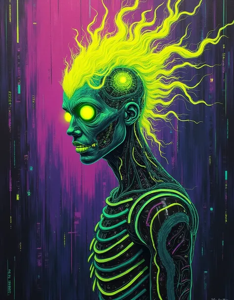 "A cyberpunk-inspired surrealist painting of a humanoid entity with glowing green skin, an oversized neon eye, and electrified yellow hair that flows like digital flames. Its distorted face and twisting, biomechanical black-and-white striped body resemble ...