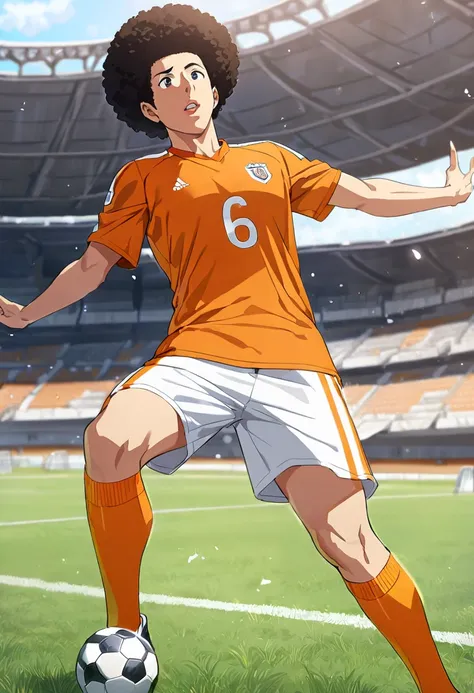 One male in his 20s, Asian, Afro Hair, round eyes , Thick lips, (((Orange soccer uniform))), White shorts, Height: 172cm, Professional soccer players , ((Number 6)), A deserted soccer stadium in the countryside, comical, anime, high details, super detail, ...