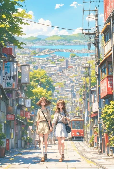 (Masterpiece, BestQuality:1.2),Watercolor style. (Two girls) are walking through the town of a local city as sightseeing. ,tween,cute,Nagasaki city. A streetcar is running in the background. Beautiful detailed scenery.