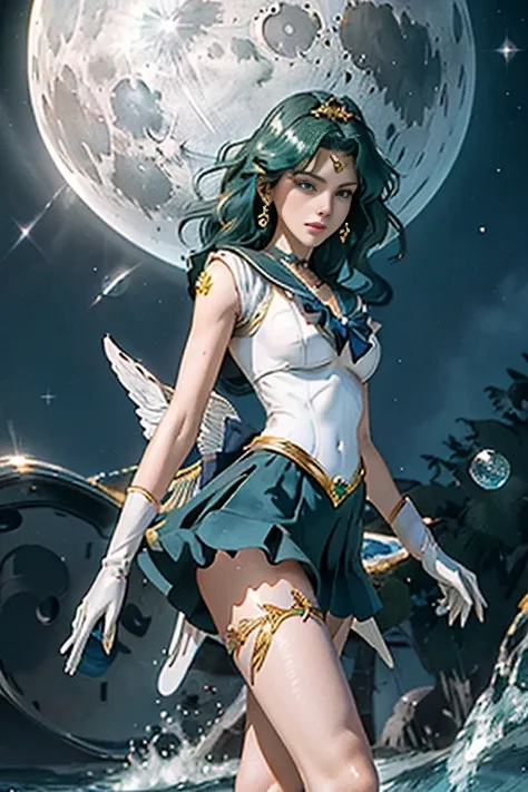 Full: 1.3, stand, masterpiece, 3D, realistic, ultra micro photography, top quality, ultra-detailed CG Unity 8K wallpaper, from below, with intricate details, (1 woman), 28 years old, (sailor neptune:1.4,sailor senshi uniform:1.4,meishaonv),Long wavy dark g...