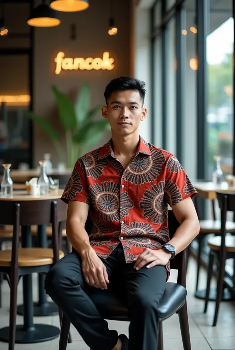  A handsome young Indonesian man wearing a typical Javanese batik shirt and long black pants with a neat haircut added to the aura of good looks. He is sitting in the chair of a stylish and cool cafe. The cafe is glass-walled and there is a sign on the wal...