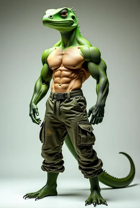 Aqui está o prompt em inglês para gerar a imagem que você descreveu:

Prompt: "A muscular lizard man with a green anthropomorphic lizard head, standing confidently in a professional photography setting. He has a well-defined, muscular body, with no shirt, ...