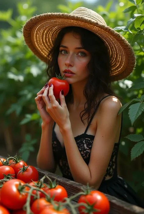  sexy , agriculture、 wear a straw hat 、 and she's wearing her magic clothes、Eating tomatoes