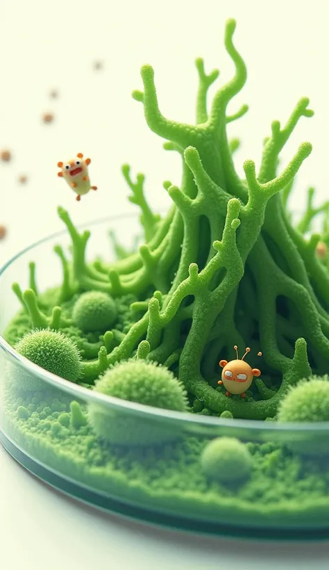 A zoom-in on the green mold in a Petri dish, with little bacteria running away from it like scared cartoon characters.