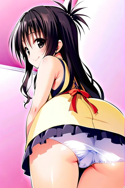 solo, loli, apron, yuuki mikan, black hair, black eyes, mini skirt, long hair, smile, spiked hair, bare shoulders, standing, from behind, from below, panty shot, white panties, smile, looking back, leaning forward