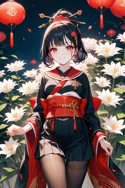 Top quality, overall Japanese style atmosphere, black kimono, a combination of a woman's full body kimono and sailor suit, the sleeves are quite long, the long red Japanese sword, red eyes, black hair, and the hair on the side extends to around the waist、T...