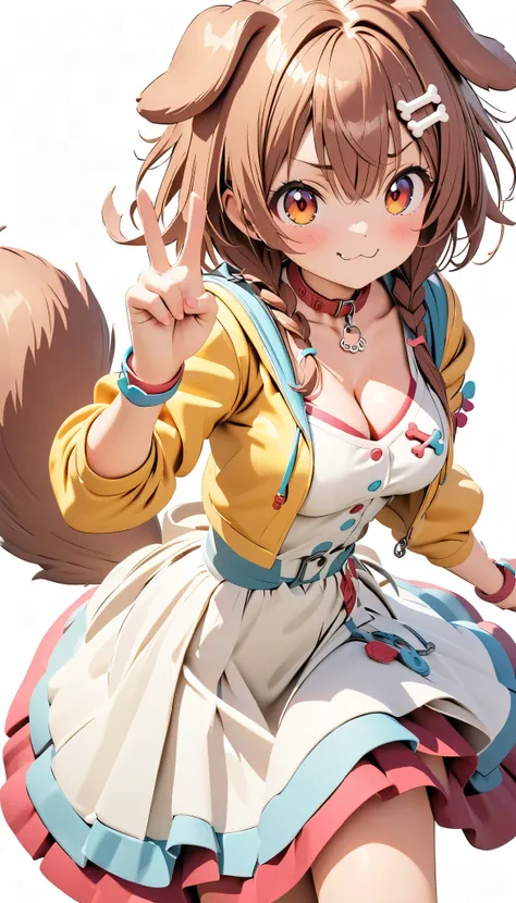 (masterpiece:1.2), (  top quality:1.2),   super high resolution,   very detailed, Alone,  Inugami Korone,  Hololive, white dress, yellow jacket, dog tail, animal collar, cleavage, medium breasts,  wristband, cartoon bone, hairclip,  cute,    Victory Pose, ...