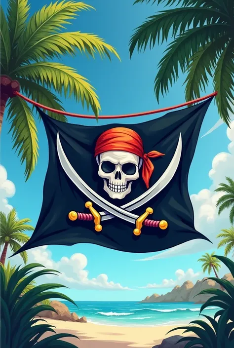 Jolly Roger with bandana and swords and palm tree in background 