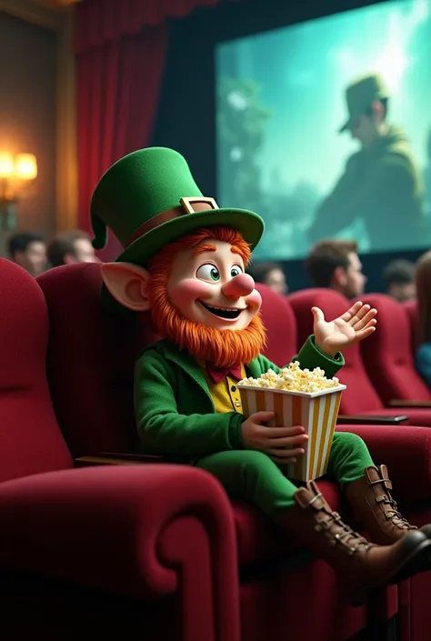 A cheerful leprechaun in the movie theater watching a movie