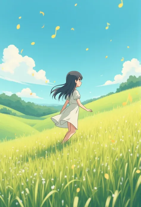  Ghibli style 、Beautiful Ghibli style girl at close distance from the center of the screen、 is a prairie in the background、 the wind is blowing 、Is a beautiful girl in the style of Studio Ghibli singing、There are also musical notes playing around