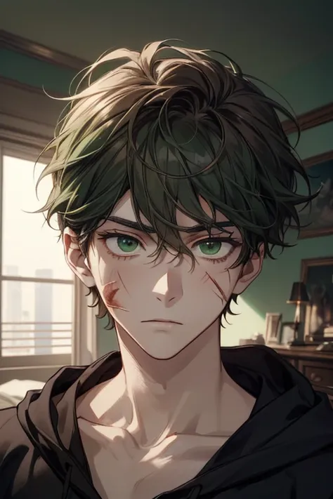 a portrait of a Handsome, young man, pale skin, messy dark brown hair, and deep green eyes. Slim but slightly gaunt face. Simple but unsettling aura. Wearing a dark hoodie over a plain black shirt. Disheveled and subtle. A faint scar on his left temple. A ...