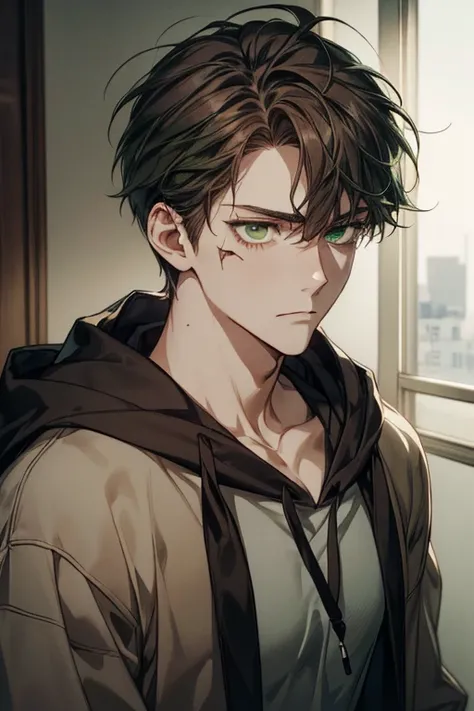 a portrait of a Handsome, young man, pale skin, messy dark brown hair, and deep green eyes. Slim but slightly gaunt face. Simple but unsettling aura. Wearing a dark hoodie over a plain black shirt. Disheveled and subtle. A faint scar on his left temple. A ...