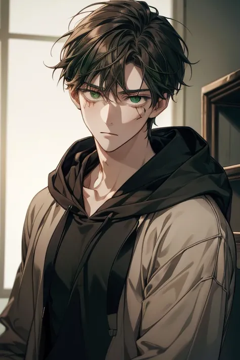 a portrait of a Handsome, young man, pale skin, messy dark brown hair, and deep green eyes. Slim but slightly gaunt face. Simple but unsettling aura. Wearing a dark hoodie over a plain black shirt. Disheveled and subtle. A faint scar on his left temple. A ...