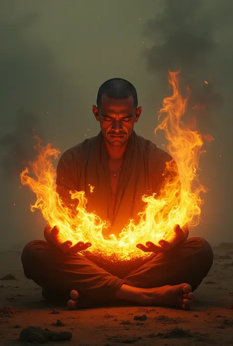 A man sits silently holding a huge fire in his hands 