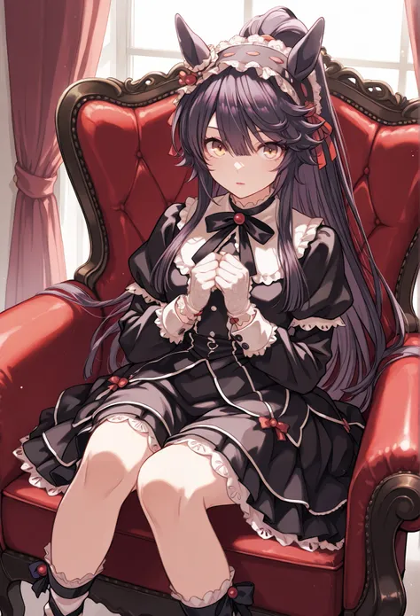 {{{masterpiece}}}, {{{   top quality }}}, {{   More details}}, {illustration}, {{    so delicate and beautiful }},    detailed skin,    detailed eyes   {{{Uma Musume}}},{{{Narita Brian:1.7}}},{{{expressionless}}} , black hair,Right Ear Ornaments , {Red li...