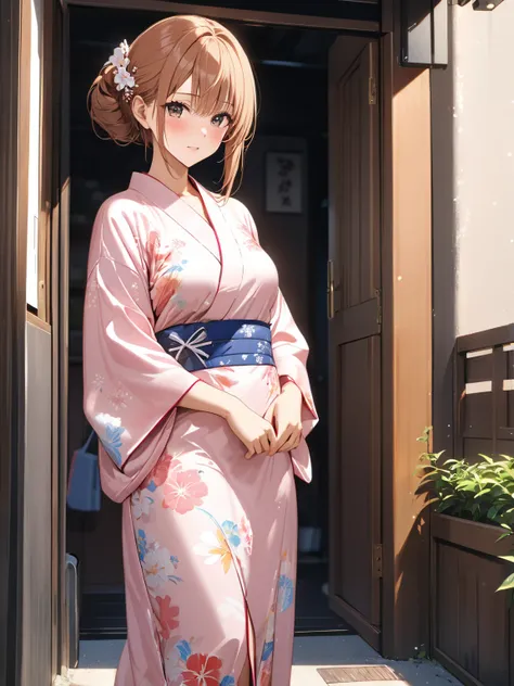 Back Alley, blush, yukata, ( Misaka Mikoto), whole body, masterpiece:1.5, masterpiece, highest quality, UHD, retina, masterpiece, accurate anatomy, super detailed, high quality, best quality, 8k