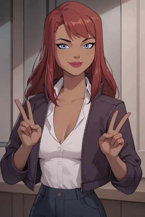 kj_barbara, 1girl, solo, blue eyes, red hair, long hair, looking at viewer, shirt, jacket, makeup, lipstick, white shirt, dark skin, dark-skinned female, collared shirt,closed mouth, peace sign,smile