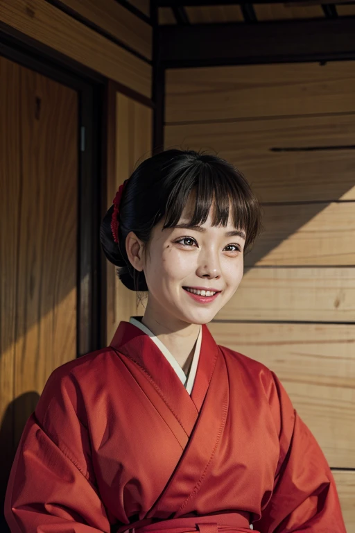 smiling girl, without making eye contact with the spectator .   wearing a red kimono 