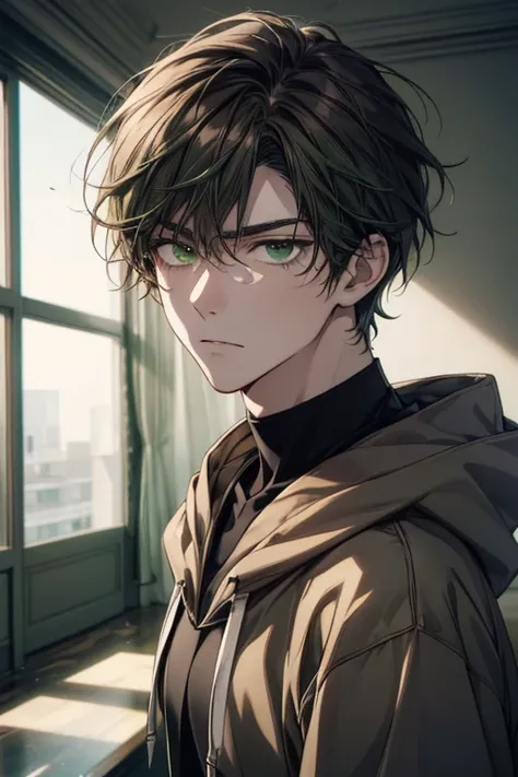 a portrait of a Handsome, young man, pale skin, messy dark brown hair, and deep green eyes. Slim but slightly gaunt face. Simple but unsettling aura. Wearing a dark hoodie over a plain black shirt. Disheveled and subtle. A half body portrait. Highly detail...