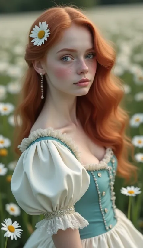 A red hair woman with light blue eyes and wavy red hair in a field of daisies with freckles, wears a white and azure puffed sleeves princess dress, very sweet with full lips and big eyes, looking at the viewer, realistic portrait, 8k quality photo, very sw...