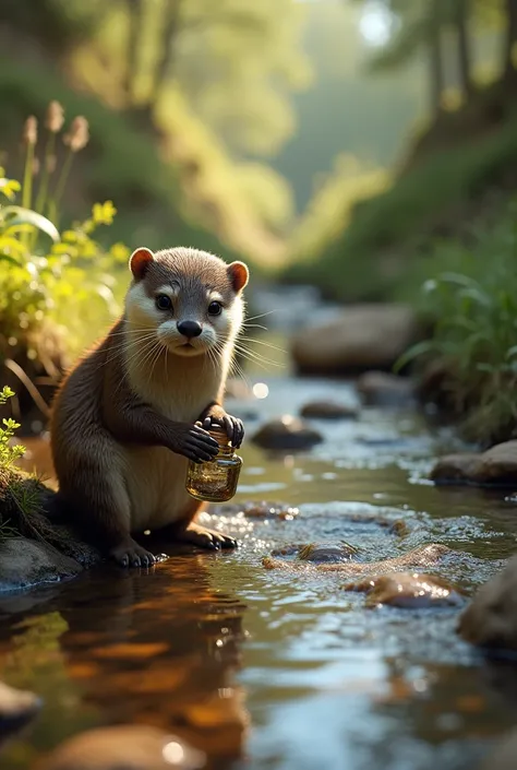 Nina, a Lontra Curiosa" – A hyper-realistic cinematic image of an anthropomorphic otter named Nina, crouching beside a bubbling brook that winds through the mountain trail. She holds a small glass jar, capturing water samples under the dappled sunlight.