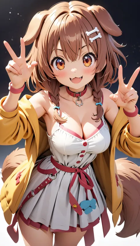 (masterpiece:1.2), (  top quality:1.2),   super high resolution,   very detailed,  Inugami Korone,  Hololive, white dress, yellow jacket, dog tail, animal collar, cleavage, medium breasts,  wristband, cartoon bone, hairclip,  cute,    Victory Pose,  White ...