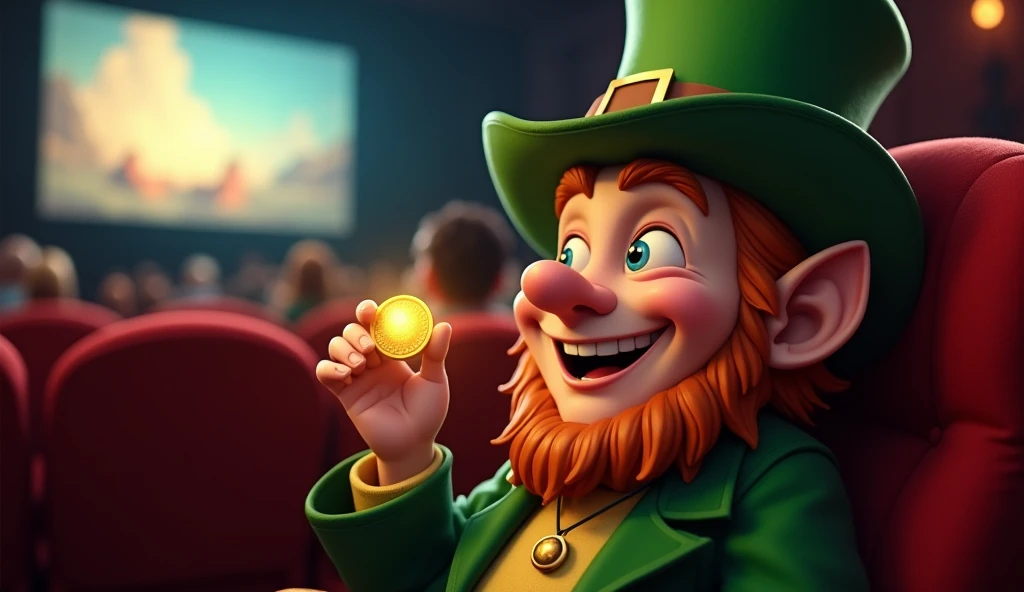 
A cheerful leprechaun in the movie theater watching a movie, holding a gold coin.