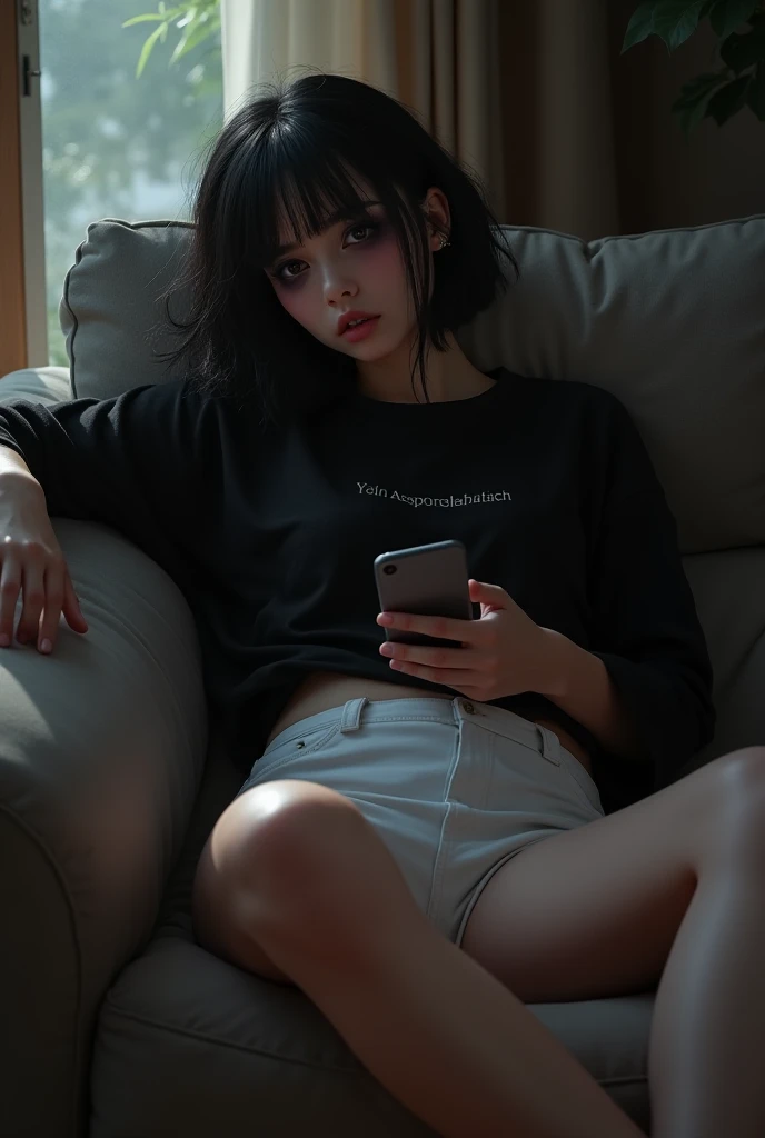 Oversized black shirt. Tight white shorts. Black eyes drooping. Looks lazy. Black eye shadow. Lying on the sofa holding a cellphone. 