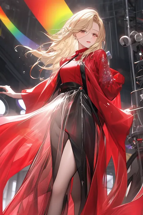  top quality, Super Fine, 16k, 2.5D,  Delicate and Dynamic Depiction ,Pretty Brooches , The unmade everyday life of an adult female rock singer who is fashionable, slender, and full of sex appeal,Light Blonde Long Hair Fluttering in the Spring Breeze- ,  l...