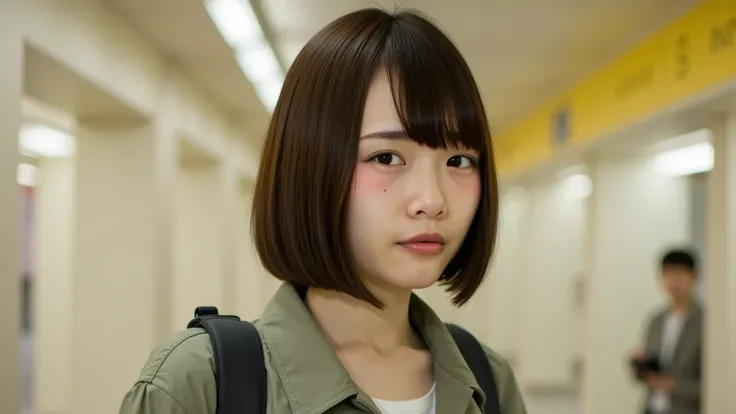 A woman with short, dark hair, stands in a subway station. Positioned slightly to the left of center in the frame, she is captured from a three-quarter view, facing slightly to her right. Her expression is neutral, and she wears a light olive-green, loose-...