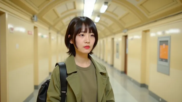 A woman with short, dark hair, stands in a subway station. Positioned slightly to the left of center in the frame, she is captured from a three-quarter view, facing slightly to her right. Her expression is neutral, and she wears a light olive-green, loose-...