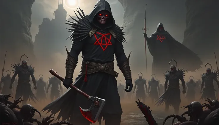 Deathly Hallows、殺戮を好むDeathly Hallowsとナタを持つ親玉、 Return Blood、ax、 super real、Depart like a tribe、 Closeup of a person in a costume standing in front of lots of zombies,  Concept Art：Arthur Pang,  Art Station Contest Winner ,  Fantasy Art,  From the Vermintide...