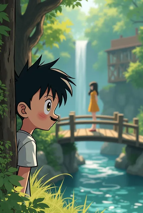 Anime shy teen boy with thin mustache staring at cute girl in a river side bridge from behind 
