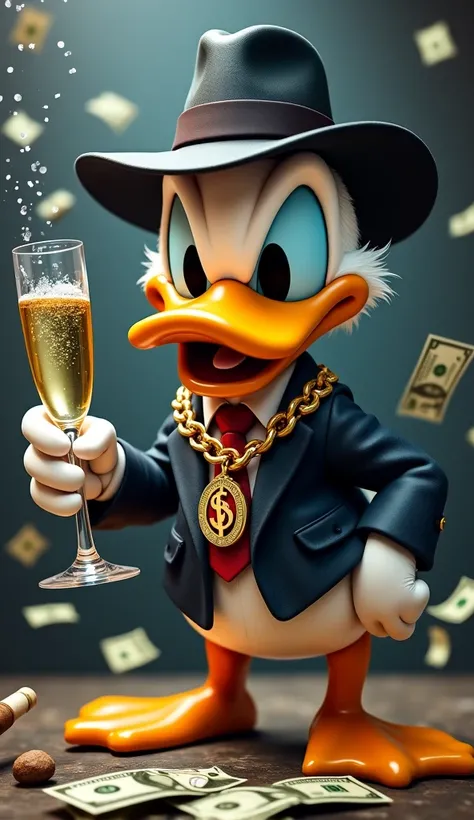  Create a mobster Donald Duck, Mafia, Wearing clothes, hat, gold chain with cipher pendant($), Champagne in hand, cigar, Flying money,  money on the ground