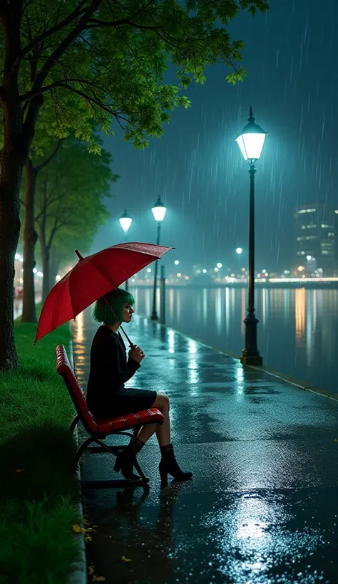  In the realistic professional photography style a dazzling urban rainy night scene ,  with a well-paved sidewalk that gently meanders beside a calm lake The lake reflects white lights perfectly And soft poles lined up along the trail Trees with vibrant gr...