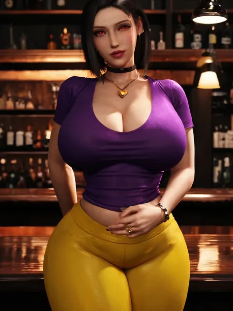 Tifa lockhart, implanted Big breast, (((tight purple short sleeve t-shirt))),Game,1girl,Gold chained round shape necklace,Bracelet,Big cleavage,Unnatural big breast,Cleavage,black color long nail,Swaying hip,Thick tights,Wide hips,very big cleavage,Enchanc...