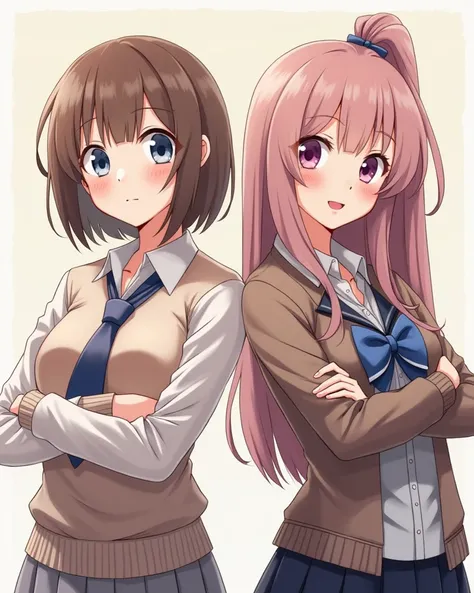 2 anime girls standing next to each other arms crossed smile