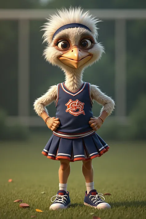 photorealistic portrait of Dressed animals - a ((fat)) (baby shoebill stork) cheerleader,(art by  Giuseppe Arcimbold:1.2),(full body image:1.3), (hands on hips:1.5),(furry), (happy smile),high quality,(lovely) , highly detailed cute  top with team logo ,in...