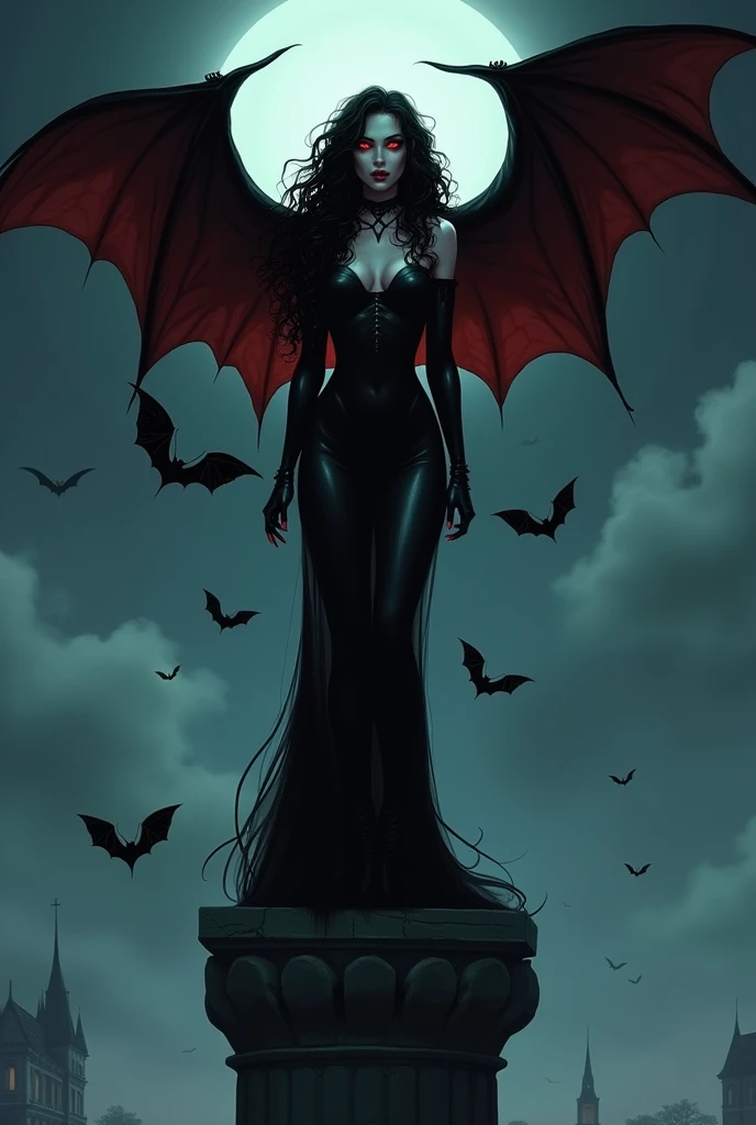 manhua style image, vampire woman with bat wings, seductive with long black curly hair, light red eyes, menacing look, wearing black clothes. is standing on top of a pillar on a gloomy night, with bats flying around