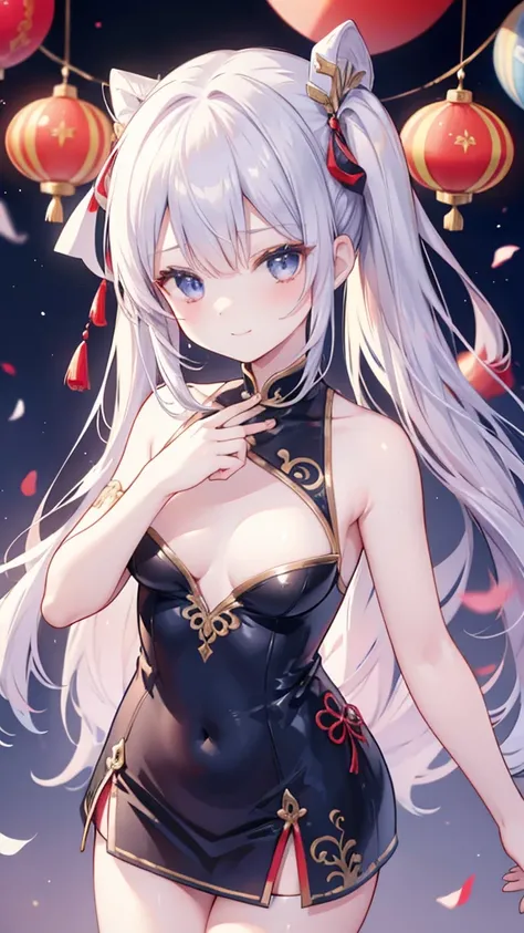 Silver Hair、Twin ponytails、red gradient hair 、Navy Blue Hair Accessories 、 gold hair accessories、 weird red and navy blue eyes、 Smile、长大了、 White Chinese Style Dress 、Red decoration、 Navy Blue Decorations 、 gold decoration 、Silver decoration、Shoulder Bare、C...