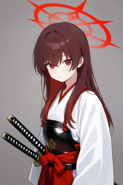 1 girl, Hair length reaches the back, Brown hair and red hair on the edges of the hair, red eyes, but not bright, wear a samurai outfit, หน้าอกไซส์ปานกลาง, have a red halo