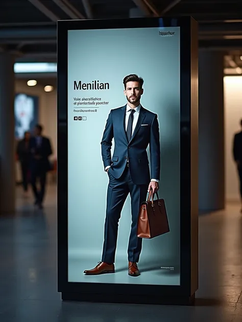  Generate a backlit poster for a DOOH display (Portrait format ) 

, menswear , business suit, accessories,  premium brand , Price in €

Just the poster! No frame !
! high resolution ,  masterpiece, Tagblild !

 No text! 