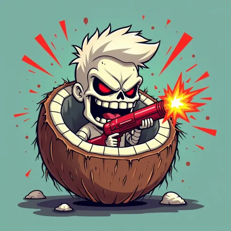 I want an open coconut , with an evil face in the shape of a skull,  with a character with white hair with an open mouth laughing maliciously,I want this street-styled character, With a bazooka shooting with an explosion of colors, quero em cartoon,In vect...