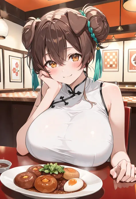 ( top quality , 8k , masterpiece , incredibly absurdres , beautiful woman , perfect body , super detailed skin , highly detailed eyes and face , 1 person ) , Inugami King , original hair color ,  brown hair ,  dog ear , smile ,  will be happy , ( cheongsam...