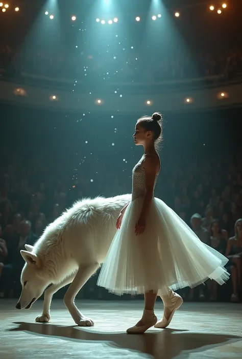 A cinematic transformation sequence where a graceful young ballerina, wearing a sparkling silver gown, performs an elegant dance under soft glowing spotlights on a grand stage. A majestic white wolf enters the stage, walking confidently with a regal demean...